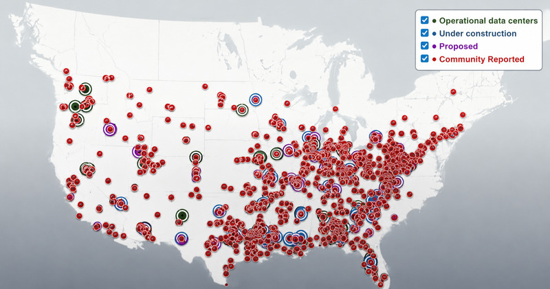 Mais de 4.200 data centers de IA já estão sendo monitorados nos Estados Unidos por uma iniciativa da ativista Erin Brockovich.O mapa mostra instalações em operação, projetos em construção e denúncias feitas por comunidades preocupadas com consumo de água, energia e impactos ambientais da inteligência artificial.