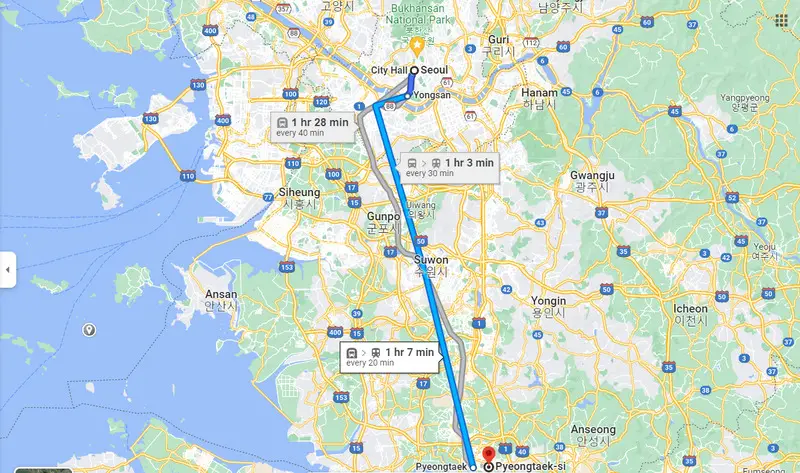 South Korea’s semiconductor belt stretches south of Seoul, through Suwon and Yongin, to Pyeongtake – all within less than 90 minutes’ travel time. Image: Google Maps